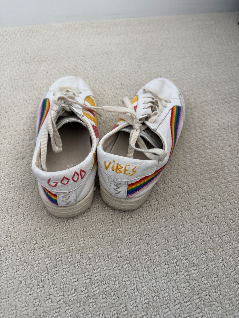 Soludos White Canvas Sneakers with Rainbow Stripe Accents
